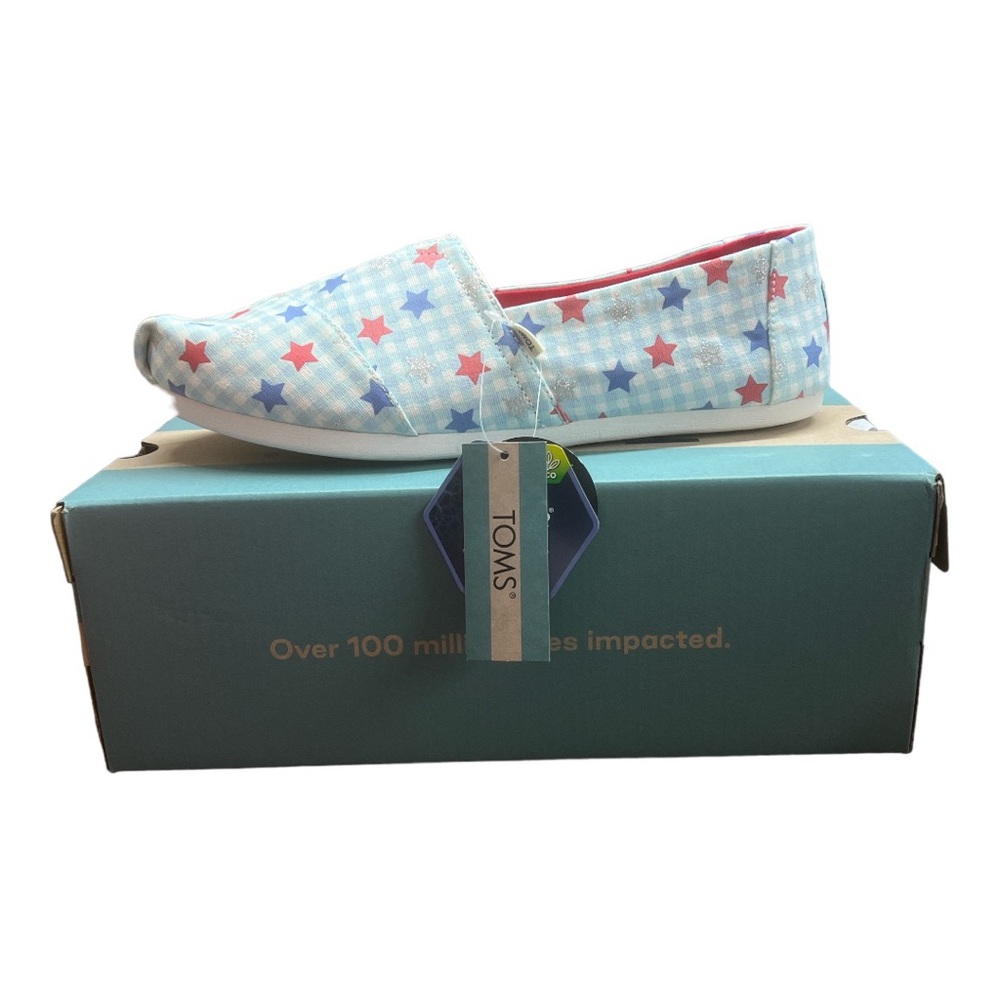 TOMS Women's Alpargata White Gingham Glow In The Dark Glitter Star Print 11 New